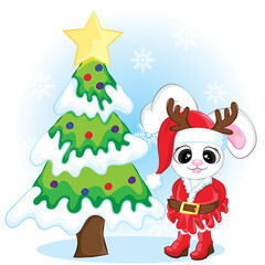 Cute cartoon bunny with christmas tree, merry christmas day.