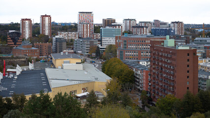 Stockholm, Sweden - 2020.10.18: Birdseye view of the Södermalm municipality and other surrounding districts in southern Stockholm. Photo taken on top of ski slope Hammarbybacken.