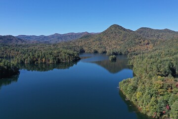 Aerial image of Funnel Top mountain and Lake Santeetlah, North Carolina in autumn color.