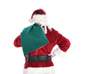 Santa Claus seen from behind with a hand on one hip and a bag of toys slung over his shoulder. Isolated on white.