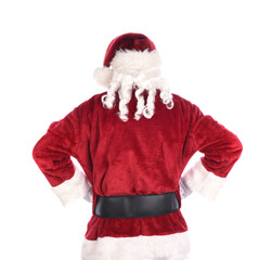 Santa Claus seen from behind standing akimbo with closed fists on hips. Isolated on white.