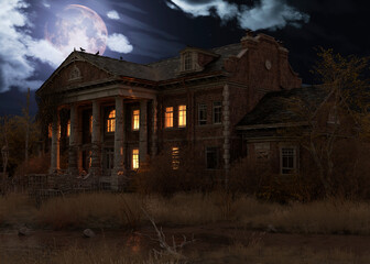 Fototapeta Abandoned haunted house refuge of spirits moonlit night 3d illustration obraz