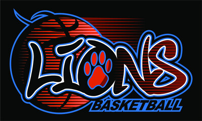 lions basketball team design with ball and paw print for school, college or league