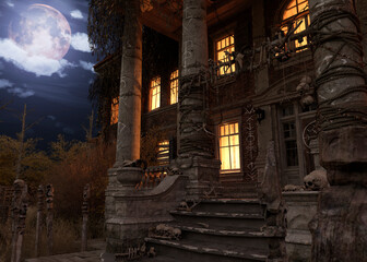 Fototapeta na wymiar Abandoned haunted house refuge of spirits moonlit night 3d illustration