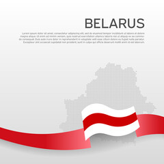 Belarus wavy flag and mosaic map on white background. Wavy ribbon in the colors of the flag of belarus. National poster. Vector design. State belarusian patriotic banner, flyer