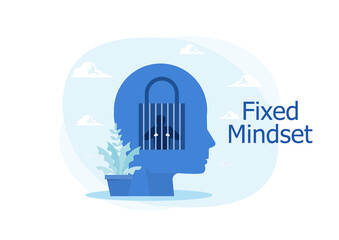 Obraz premium Human in prison with lock Fixed mindset human head silhouette. Negative Thinking Concept.