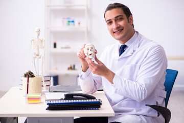 Young male doctor studying human skeleton