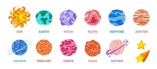 Solar system planet cartoon set. Colorful astronomical observatory. Sun moon mercury venus earth mars jupiter saturn uranus neptun planets. Astronomy galaxy space. Vector flat design illustration © neliakott