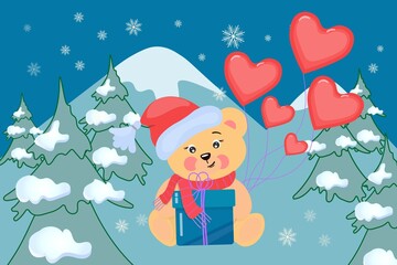 Fototapeta na wymiar Сute, cartoon, isolated teddy bear in a warm hat holds a gift and balloons.