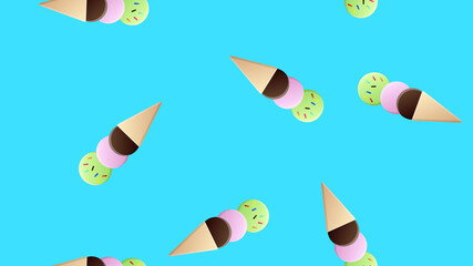 Ice cream seamless pattern on white background. Ice cream cone and strawberry, cherry, candies