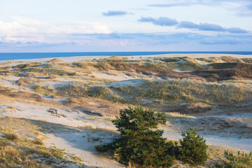 View of sand dunes of Curonian Spit, Kurshskaya Kosa National Park, Curonian Lagoon and the Baltic Sea, Kaliningrad Oblast, Russia and Klaipeda County, Lithuania, summer day
