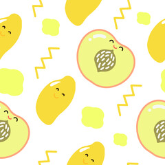 background with peach and mango, yellow fruits, seamless pattern for kids 