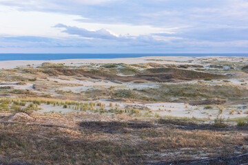 View of sand dunes of Curonian Spit, Kurshskaya Kosa National Park, Curonian Lagoon and the Baltic Sea, Kaliningrad Oblast, Russia and Klaipeda County, Lithuania, summer day
