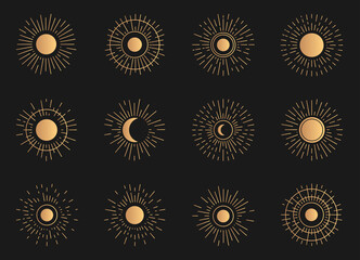 Golden set of radiant sun and moon. Linear abstract element, gold moonlight oriental magic style. Vintage silhouette light rays great for tattoo, logo or astrology symbol. Isolated vector illustration
