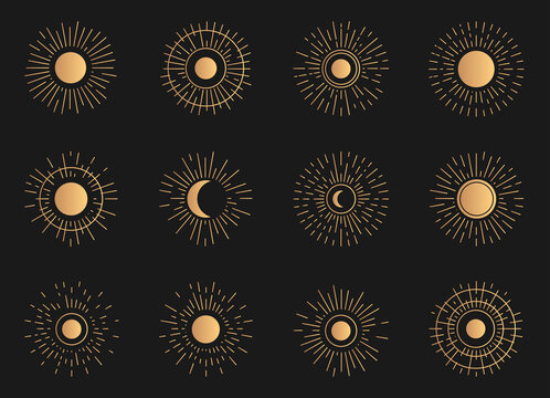 Golden set of radiant sun and moon. Linear abstract element, gold moonlight oriental magic style. Vintage silhouette light rays great for tattoo, logo or astrology symbol. Isolated vector illustration