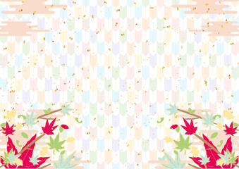 紅葉フレーム　パステルカラー矢絣背景