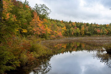 Fototapeta na wymiar New Hampshire fall autumn colors reflect on the waters of Killburn Pond in Pisgah State Park