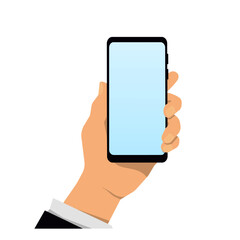 Mobile phone frame with a blank display of isolated templates. Vector concept of a mobile device with a hand.