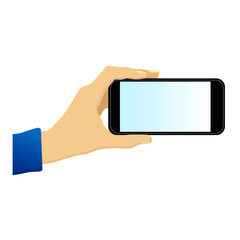Mobile phone frame with a blank display of isolated templates. Vector concept of a mobile device with a hand.
