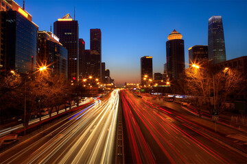 Fototapeta na wymiar Skyline and traffic in Beijing's Central Business District at dusk. Beijing, China