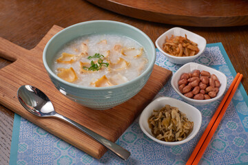 Tipical Chinese breakfast, rice porridge with pickled vegetables
