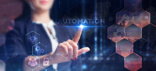 Business, technology, internet and network concept. Young businessman thinks over the steps for successful growth: Automation