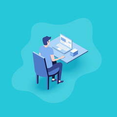 Businessman working at the computer. Man looking at the laptop screen. Flat 3d vector isometric illustration
