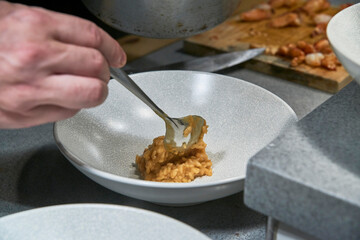 High cuisine resstaurant's kitchen elaborating food