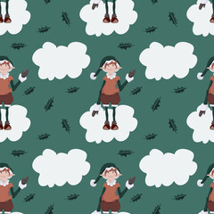 Vector seamless pattern with christmas elf standing on a white bubble and holly leaves on green background