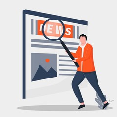 Illustration vector Online reading news withholding a magnifying glass. Search online news, information, communication, news app concept with icons and text.
