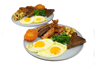 Bacon and eggs for breakfast on a white background