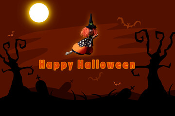 witch flying over graveyard on halloween