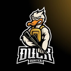 Duck mascot logo design. duck hunter carries a gun for gaming
