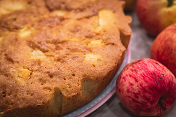 View of Sharlotka cake - traditional seasonal russian apple homemade baked sponge pie