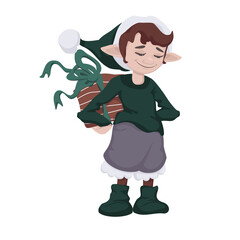Cute little elf with a gift box in his hands vector illustration