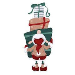 Funny elf with gift boxes in his hands vector illustration