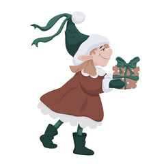Cute girl elf holding a gift vector illustration