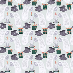 Vector seamless pattern with scroll, candle, gifts and socks on blue background