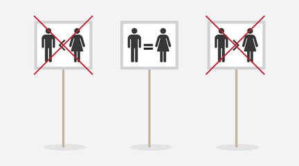 Man and woman conceptual gender equality sign icons placards set on white background