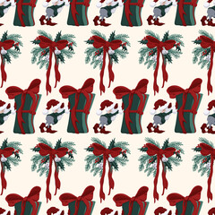 Cute christmas seamless pattern with christmas wreath and a dwarf  moves the box vector