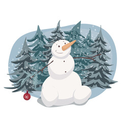 A snowman in a winter forest cartoon style drawing vector illustration