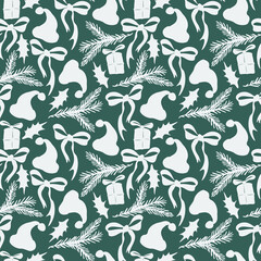 Vector seamless pattern with christmas theme silhouette icons on green background