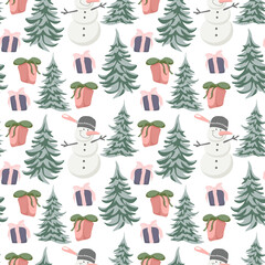Christmas theme cute seamless pattern with snowman, gifts and christmas trees vector 