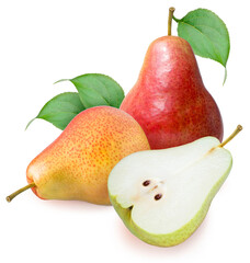 Fresh pears isolated on white background, Red pear with cut piece on a white with clipping path 