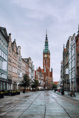 Fototapeta na wymiar Main City Hall at empty Long Lane street in the old city center of Gdansk, Poland.
