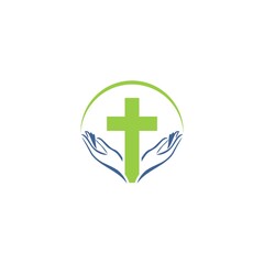 Hands holding Cross, icons or symbols. Religion, Church vector logo
