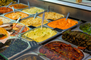 Many kind of food on sell in Albert Cuyp Market in Amsterdam, Netherlands
