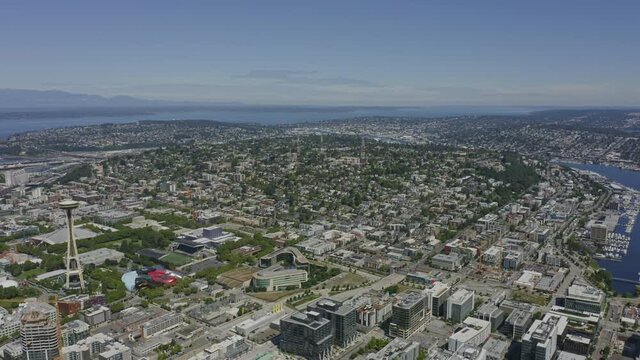 Seattle Washington Aerial v134 panning shot of Queen Anne and South Lake Union neighborhoods - June 2020