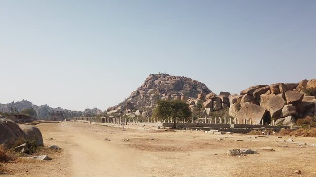 Tracking Shot of Archaeological Ruins at Hampi, Karnataka, India.