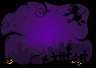 Greeting card and poster Black silhouette of Halloween day horror night scene purple background.